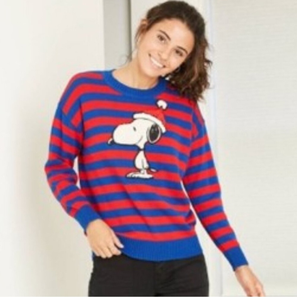 Peanuts Appliqued Snoopy in Santa Hat Striped Knit Christmas Xmas Sweater Medium